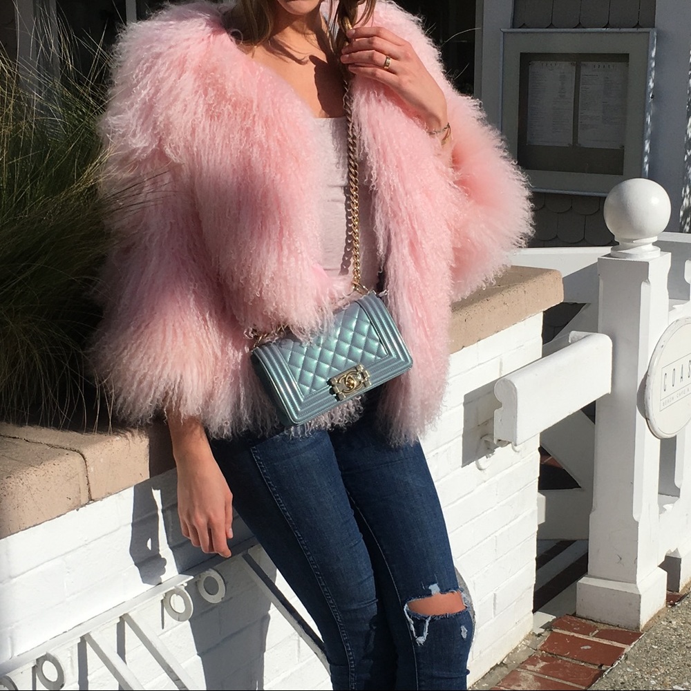 Baby pink 100% sheep fur coat